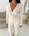 Nadia Cream Soft Wrap Gold Buckle Trouser Co Ord