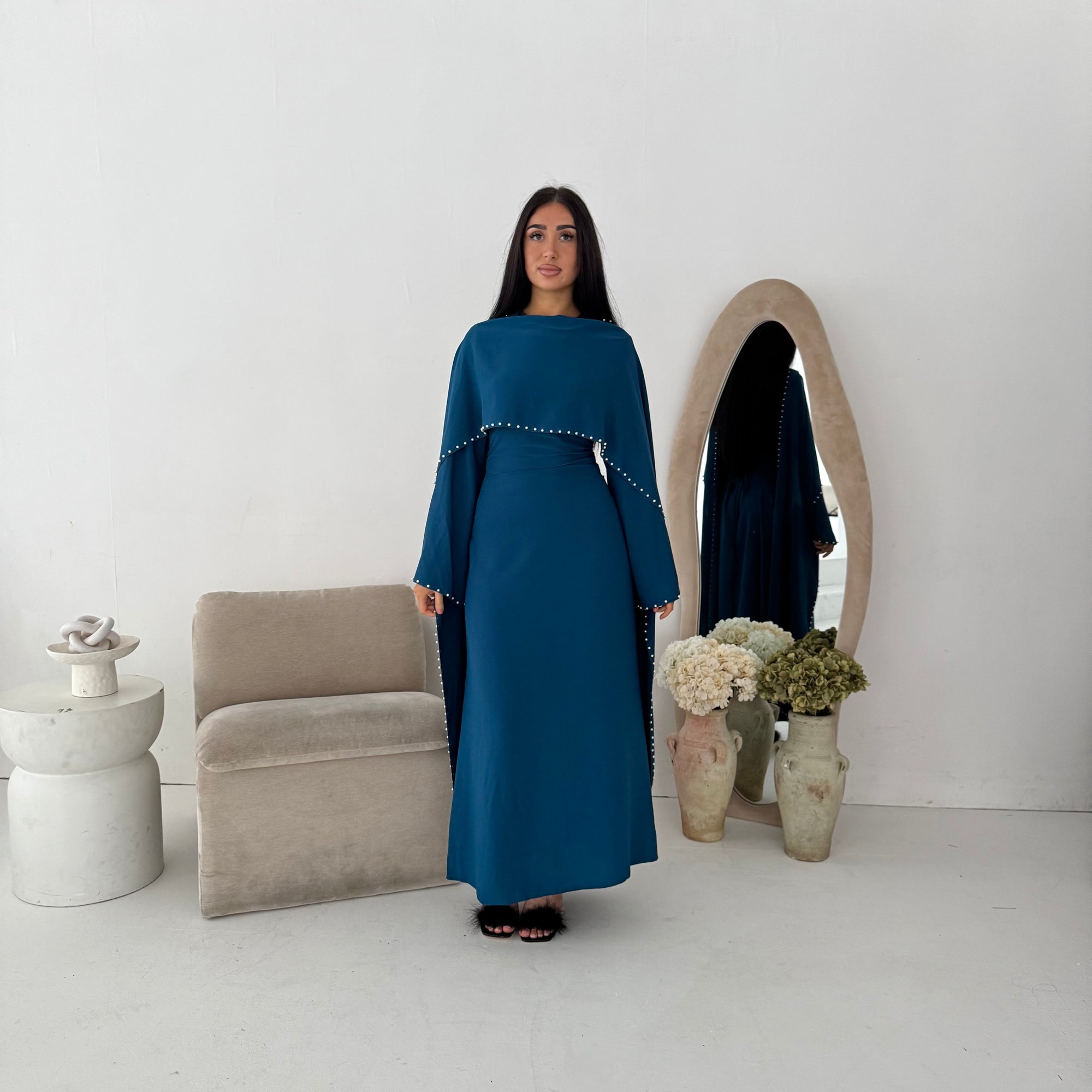 Sherin Teal Pearl Detail Modest Dress