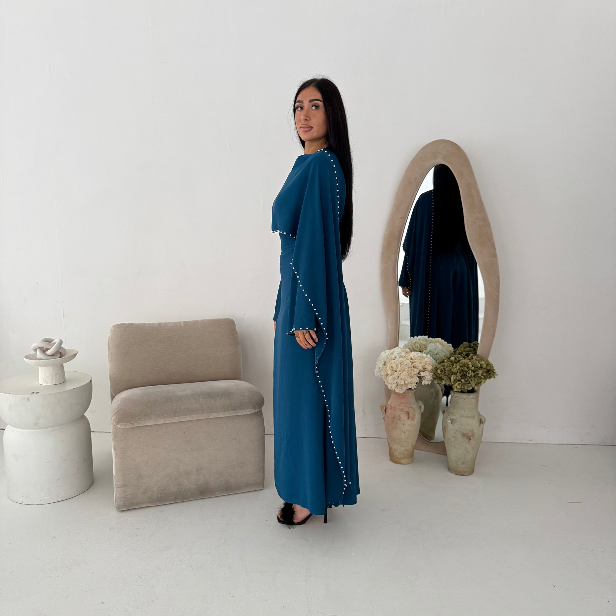 Sherin Teal Pearl Detail Modest Dress