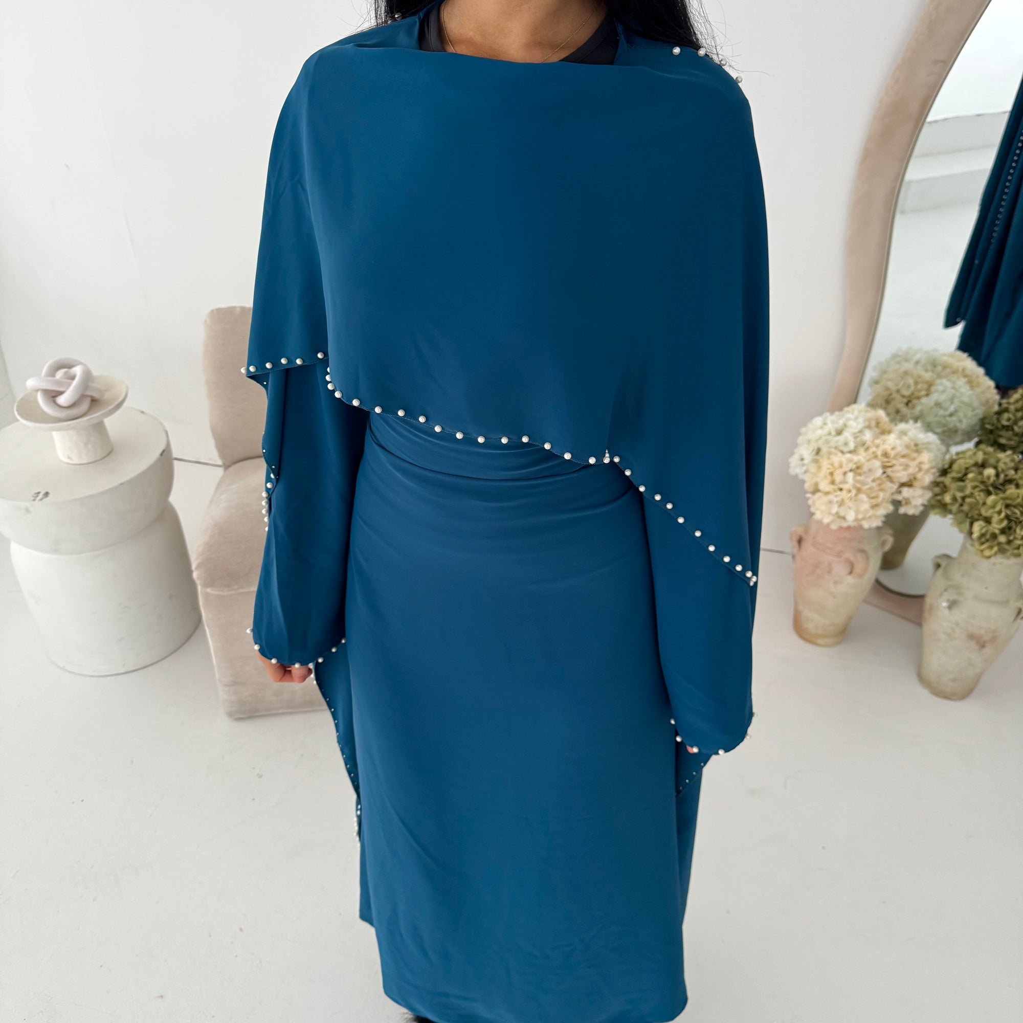 Sherin Teal Pearl Detail Modest Dress
