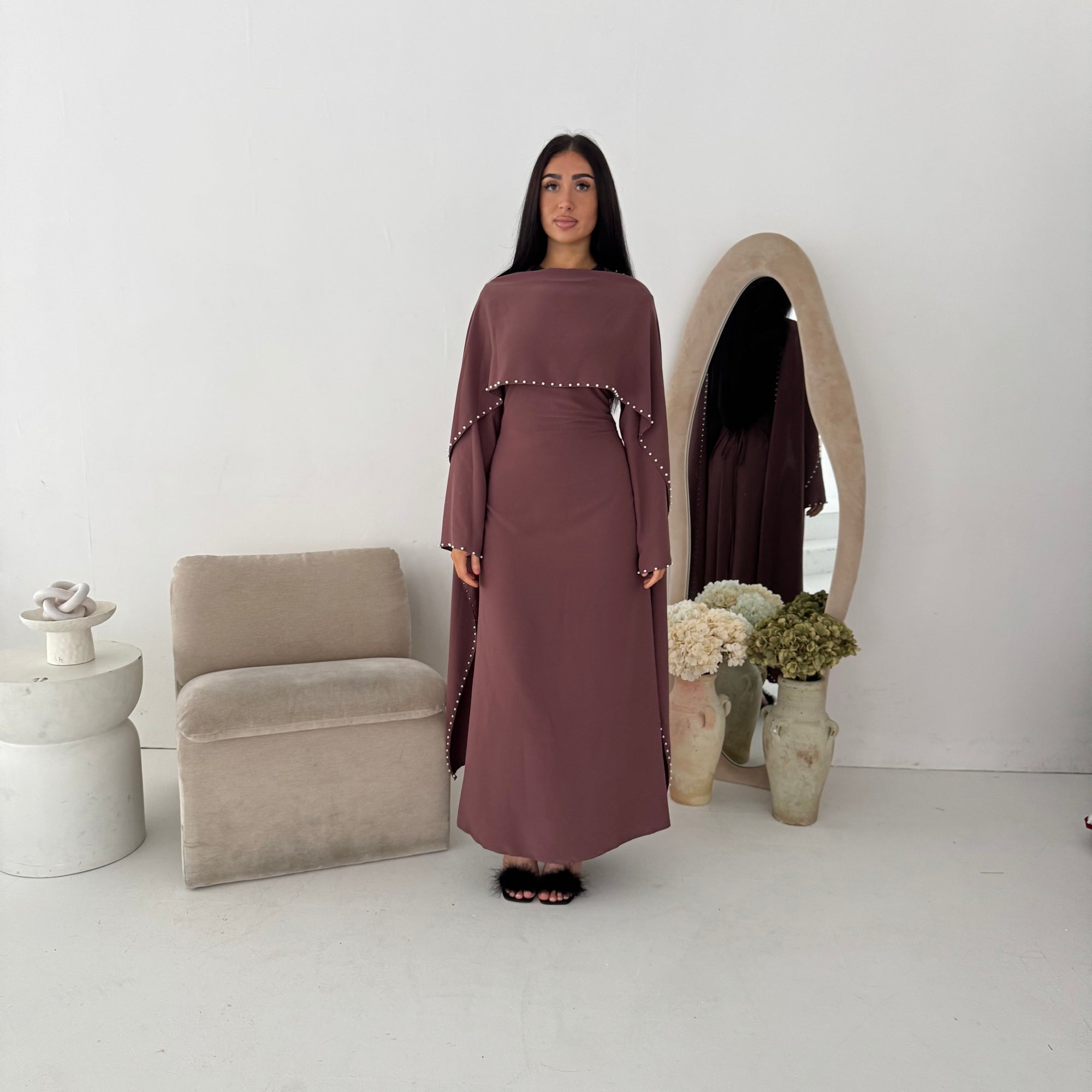 Sherin Berry Pearl Detail Modest Dress