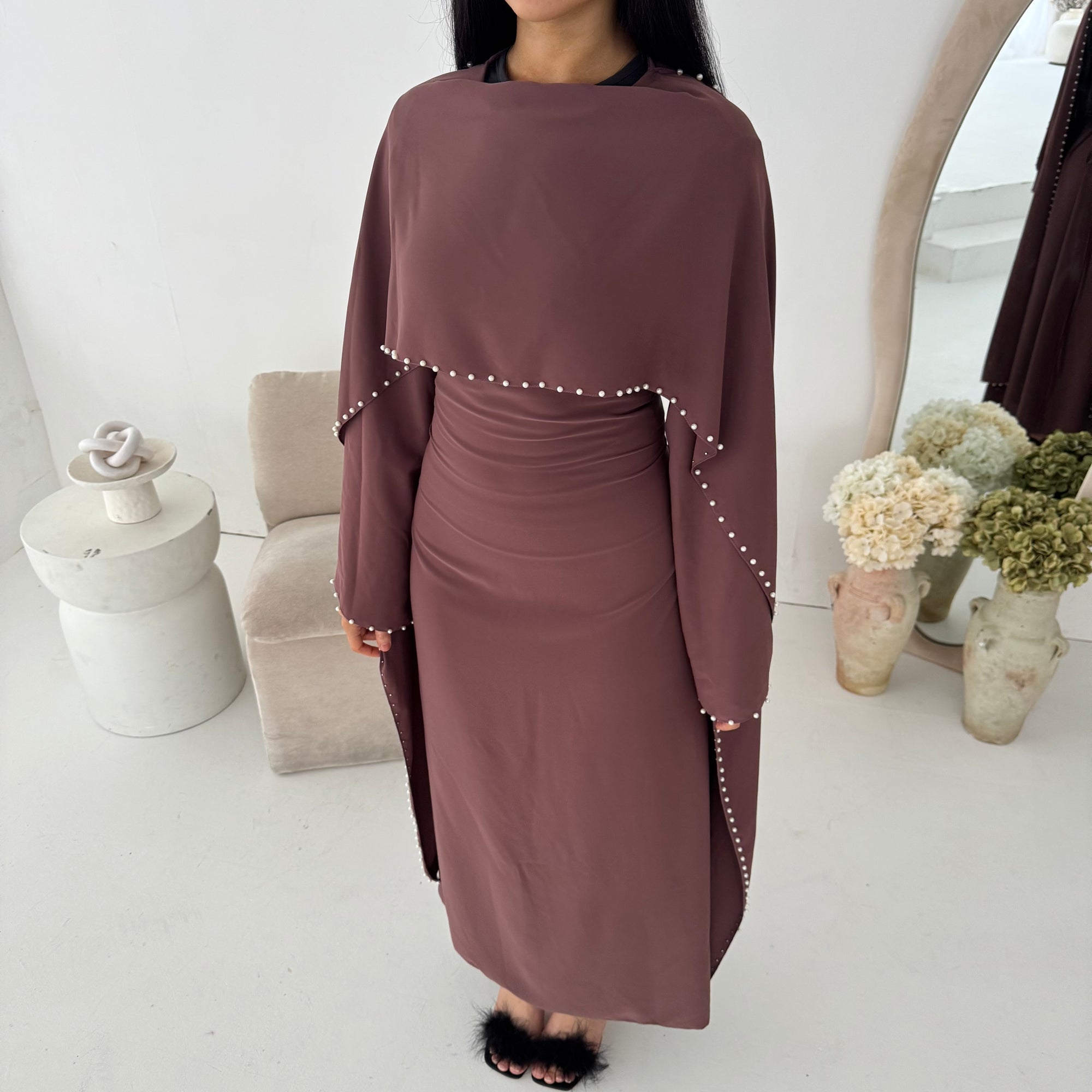 Sherin Berry Pearl Detail Modest Dress