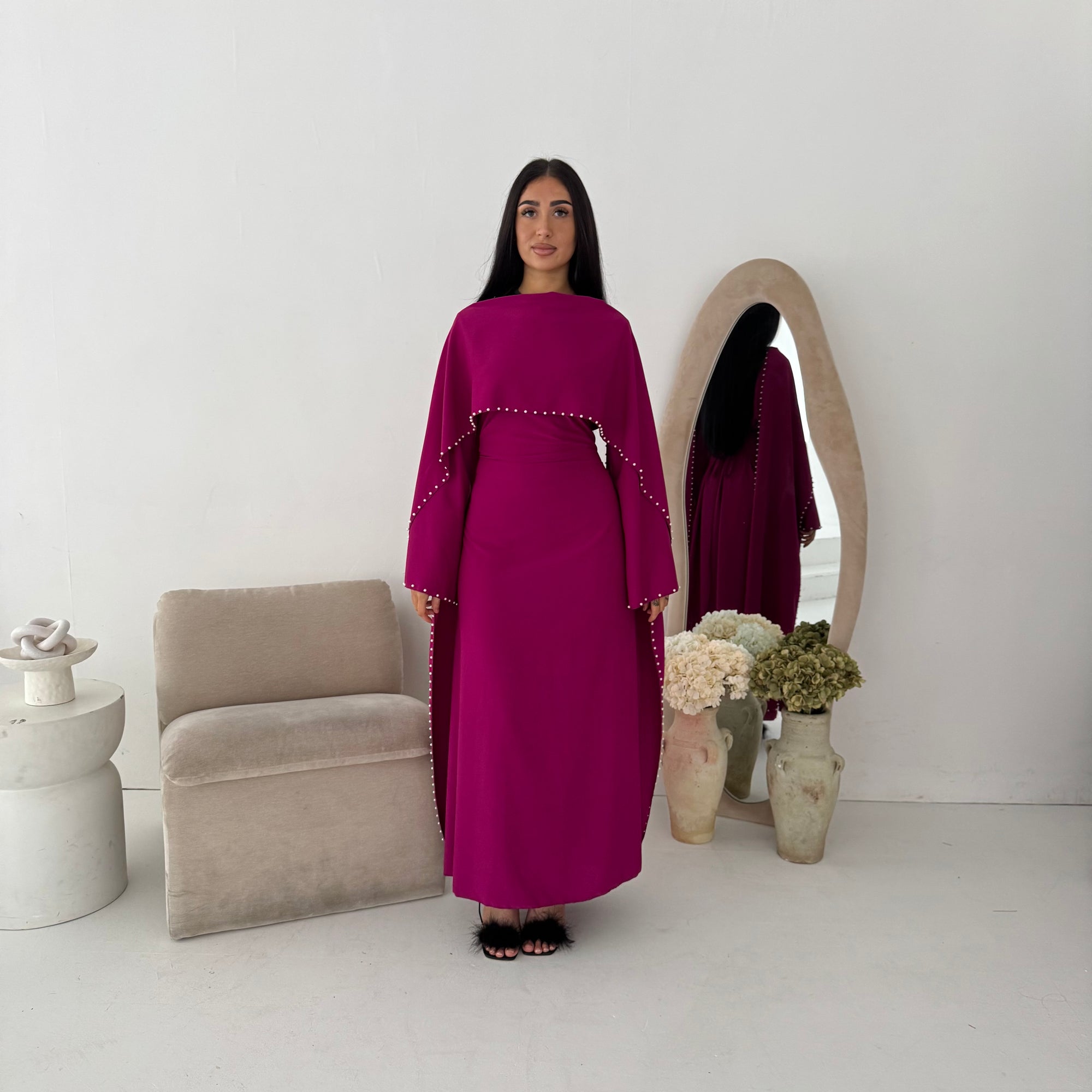 Sherin Magenta Pearl Detail Modest Dress