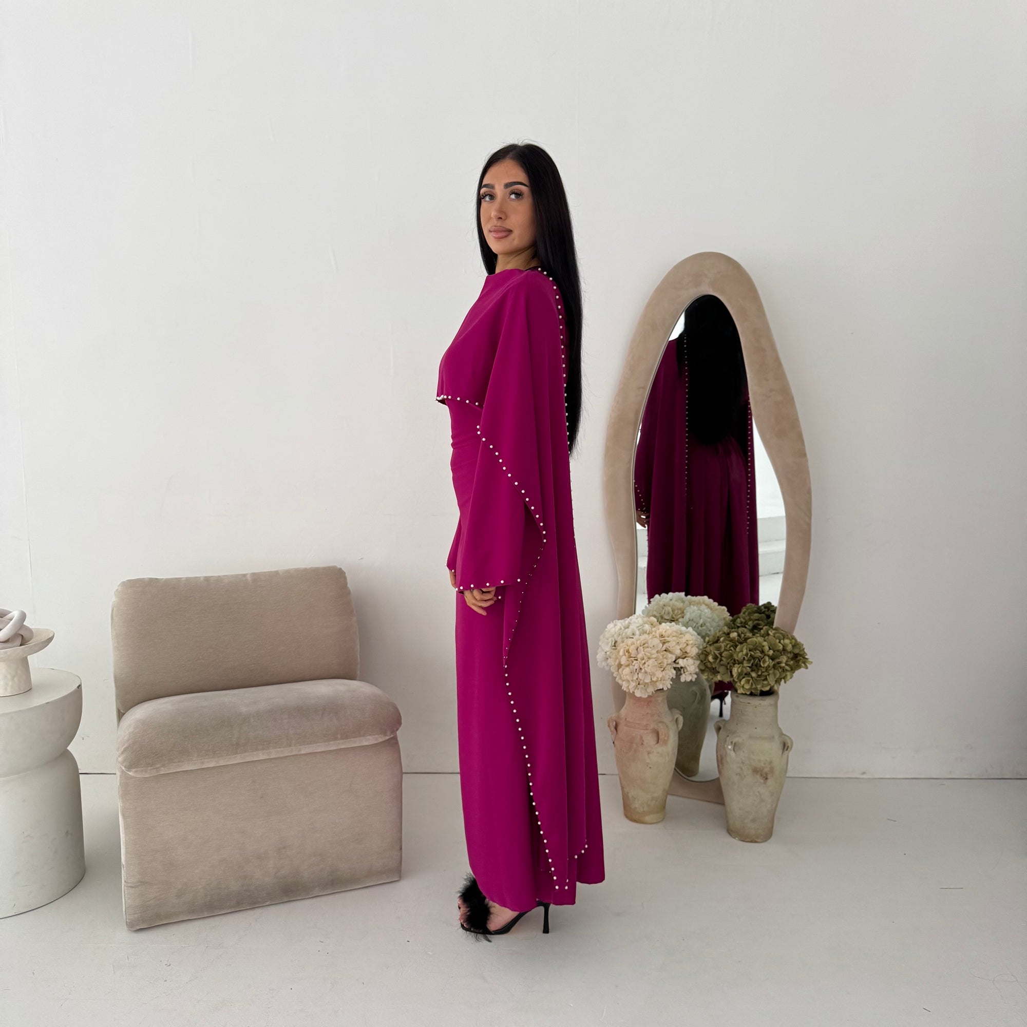 Sherin Magenta Pearl Detail Modest Dress