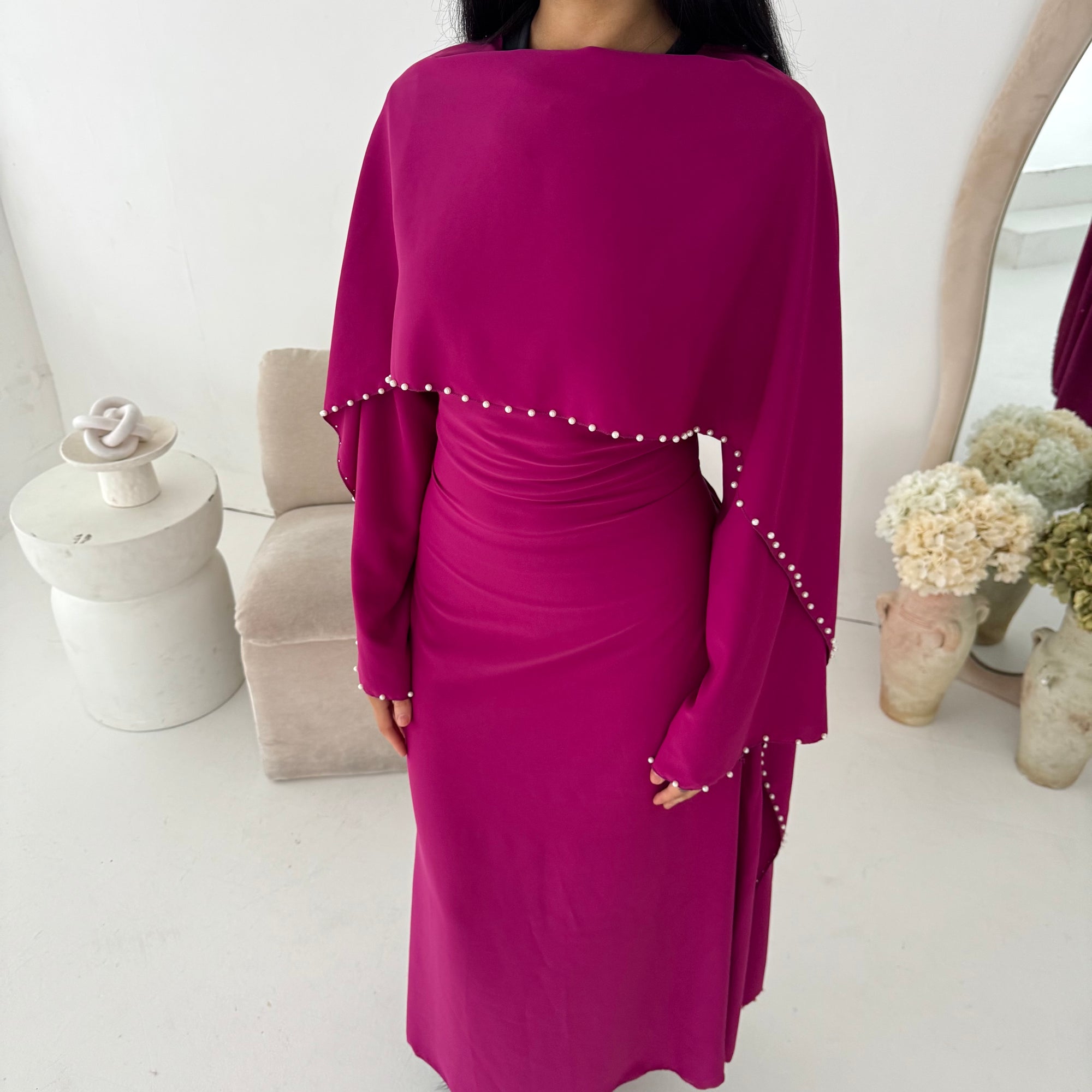 Sherin Magenta Pearl Detail Modest Dress