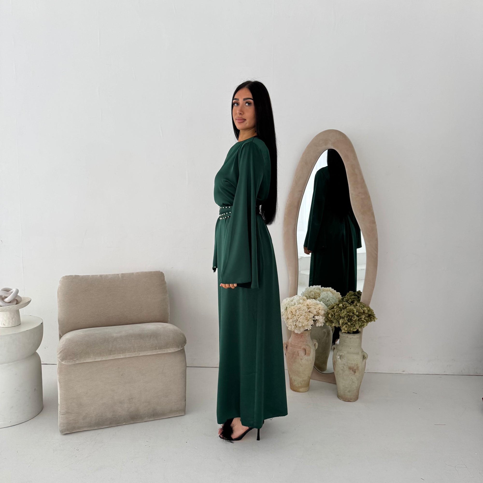 Laia Emerald Green Satin Pearl Detail Belt Dress House Of Haniya Laia Emerald Green Satin Pearl Detail Belt Dress House Of Haniya