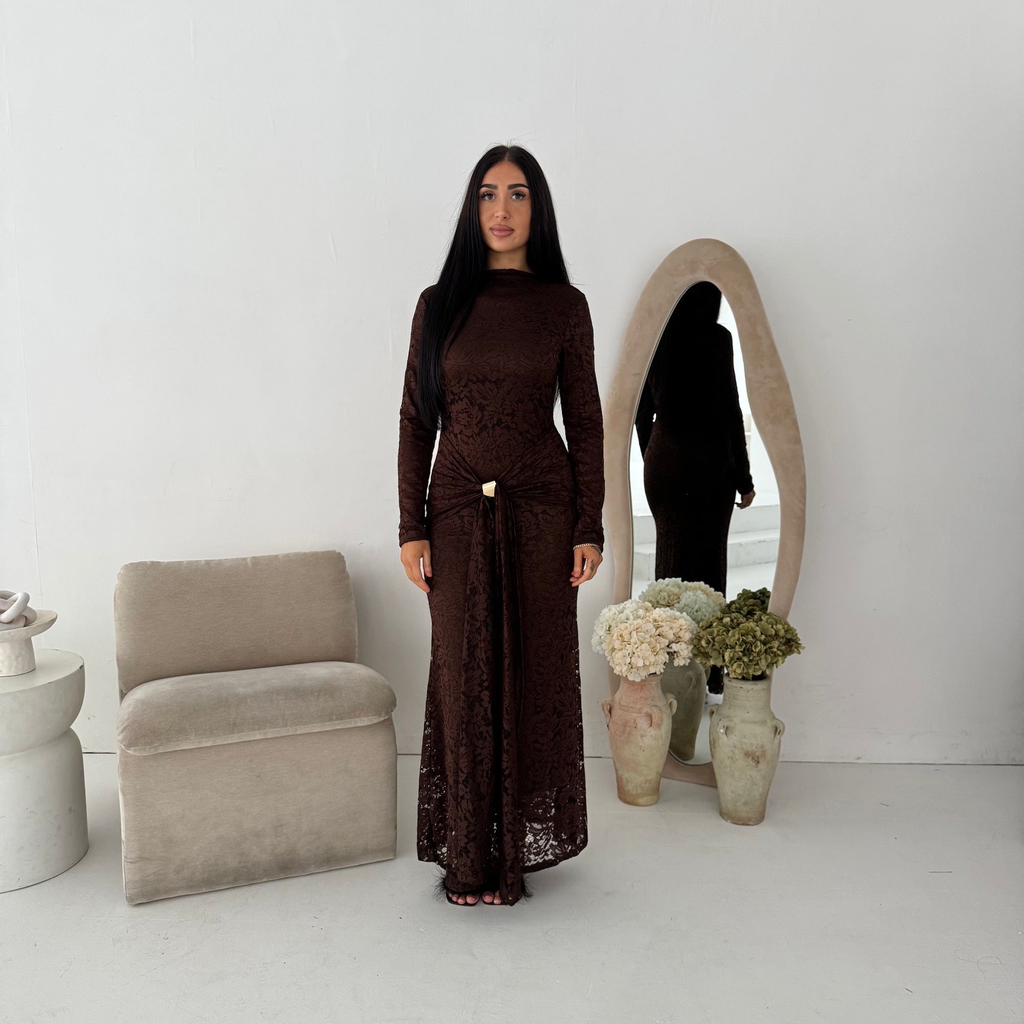 Yenvi Brown Lace Lined Gold Buckle Waist Drape Dress