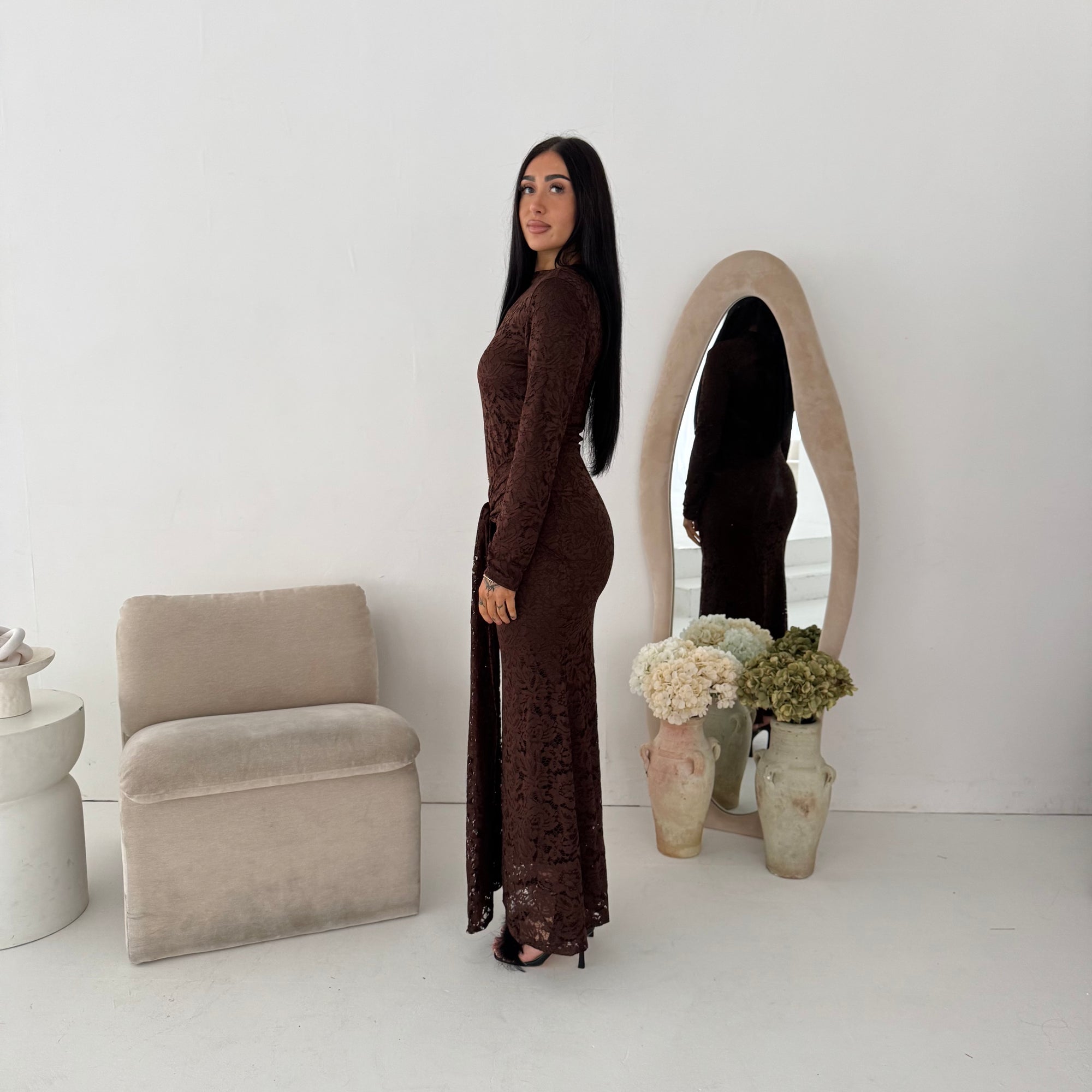 Yenvi Brown Lace Lined Gold Buckle Waist Drape Dress