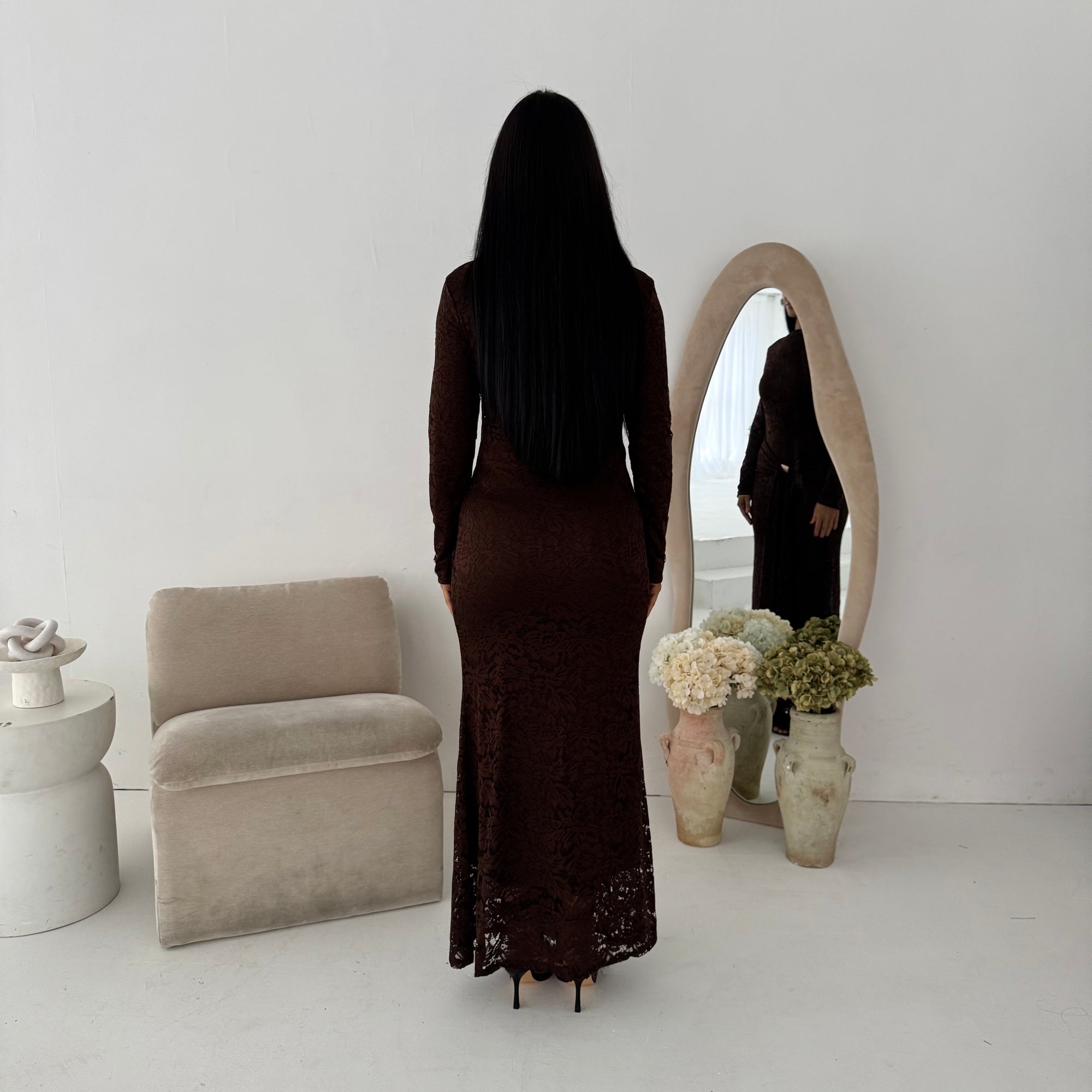 Yenvi Brown Lace Lined Gold Buckle Waist Drape Dress