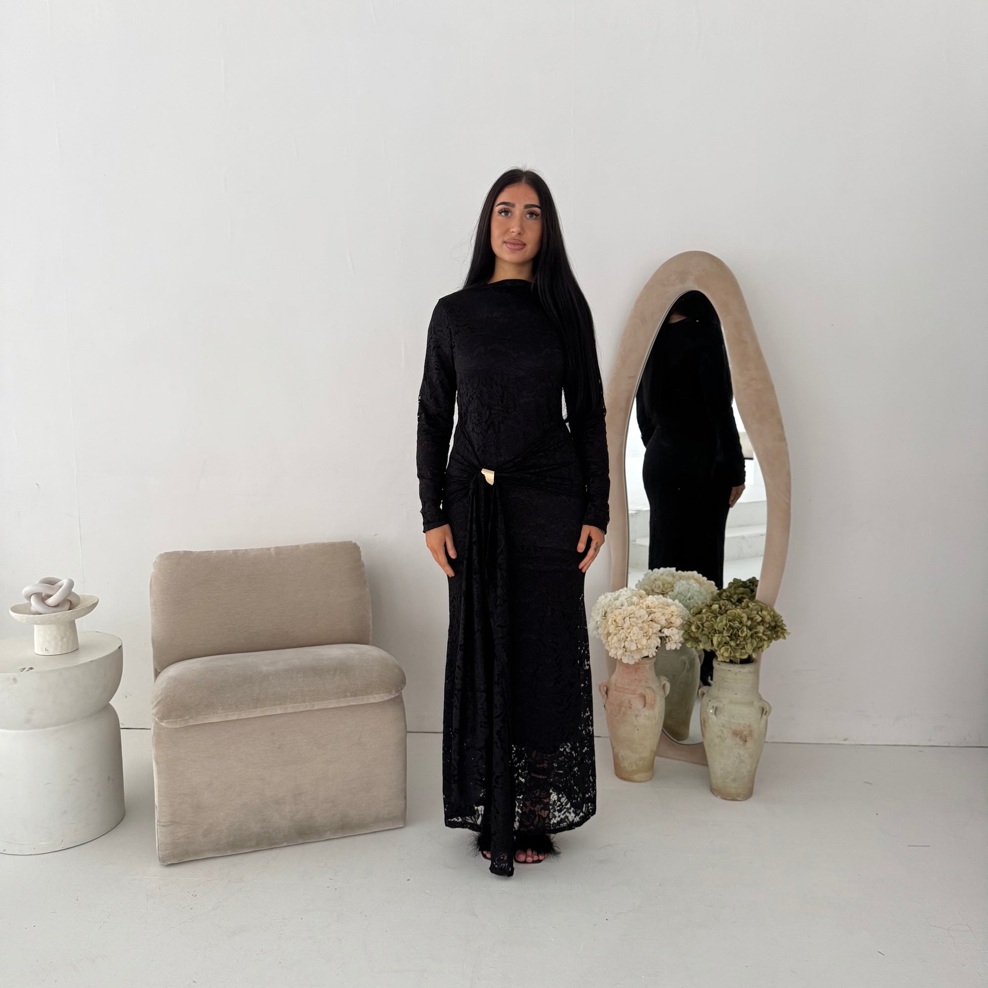 Yenvi Black Lace Lined Gold Buckle Waist Drape Dress