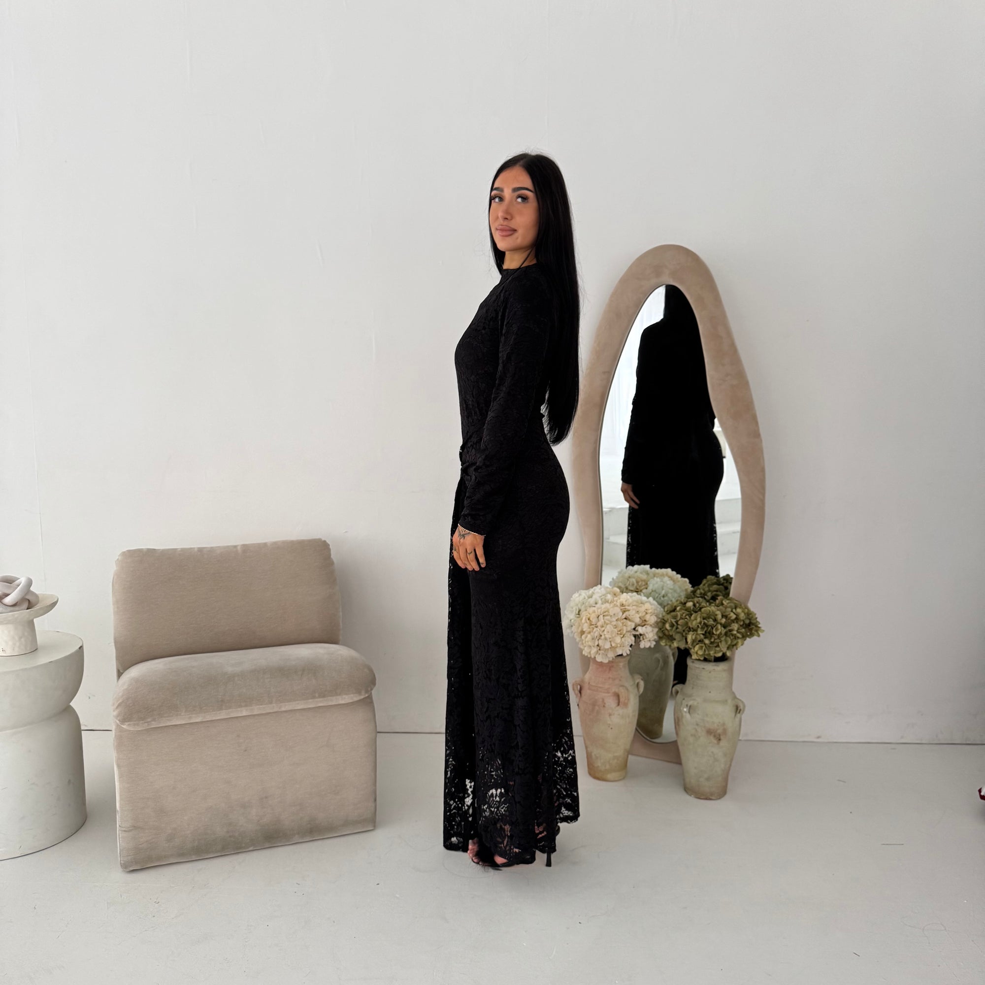 Yenvi Black Lace Lined Gold Buckle Waist Drape Dress