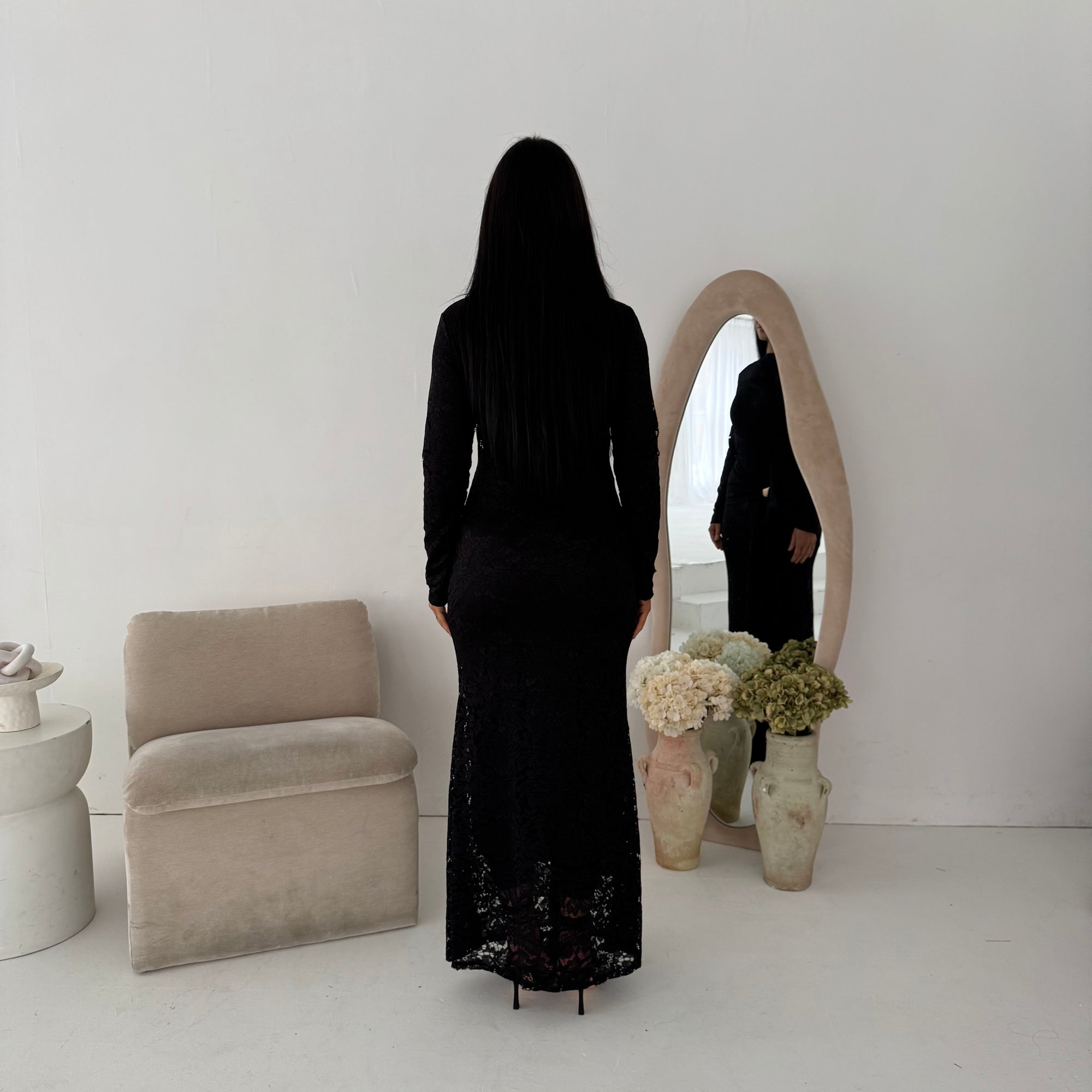 Yenvi Black Lace Lined Gold Buckle Waist Drape Dress