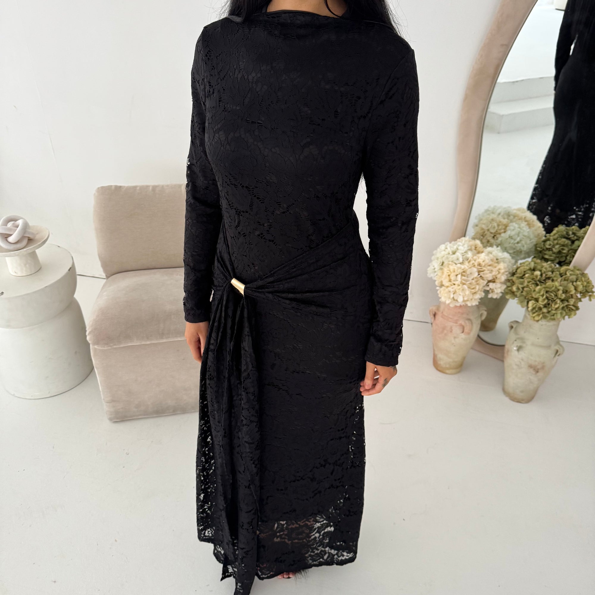 Yenvi Black Lace Lined Gold Buckle Waist Drape Dress