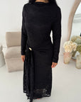 Yenvi Black Lace Lined Gold Buckle Waist Drape Dress