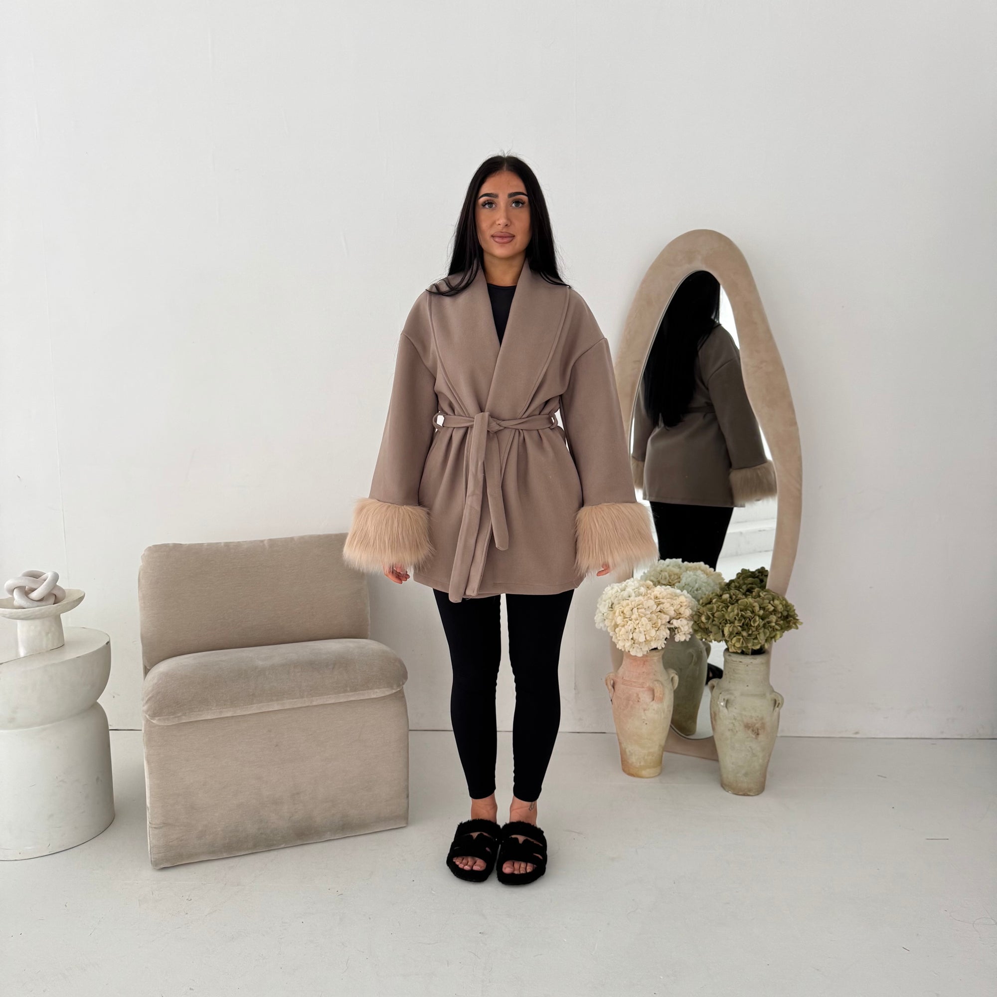 Shaynia Mocha Short Belted Extreme Fur Coat