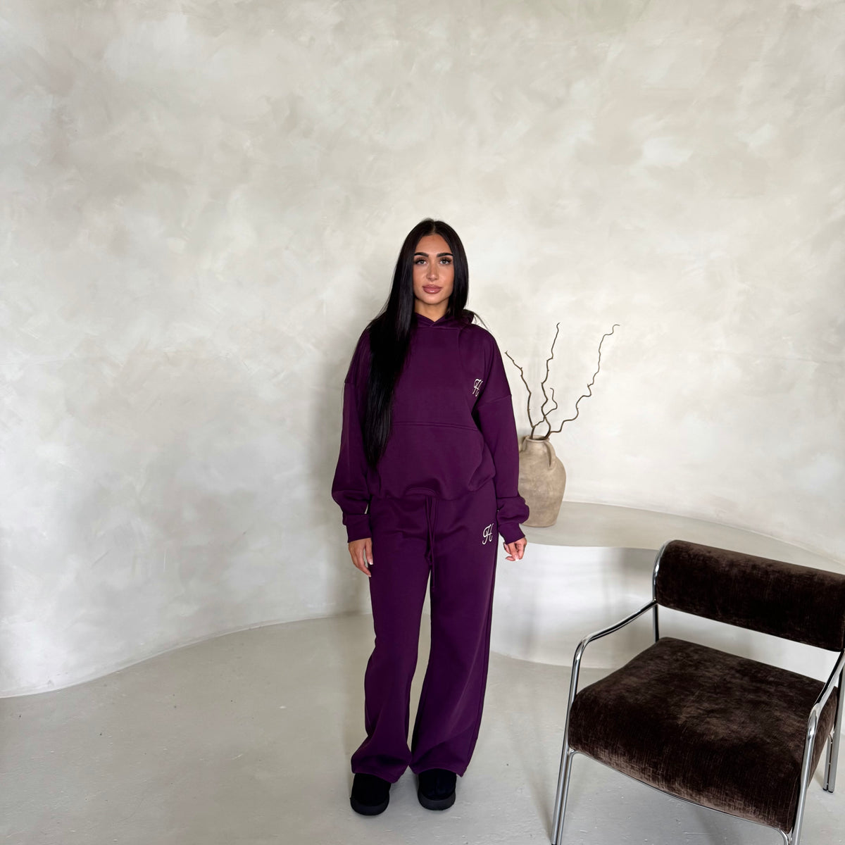 Somaya Plum H Embroidered Logo Wide Leg Jogger