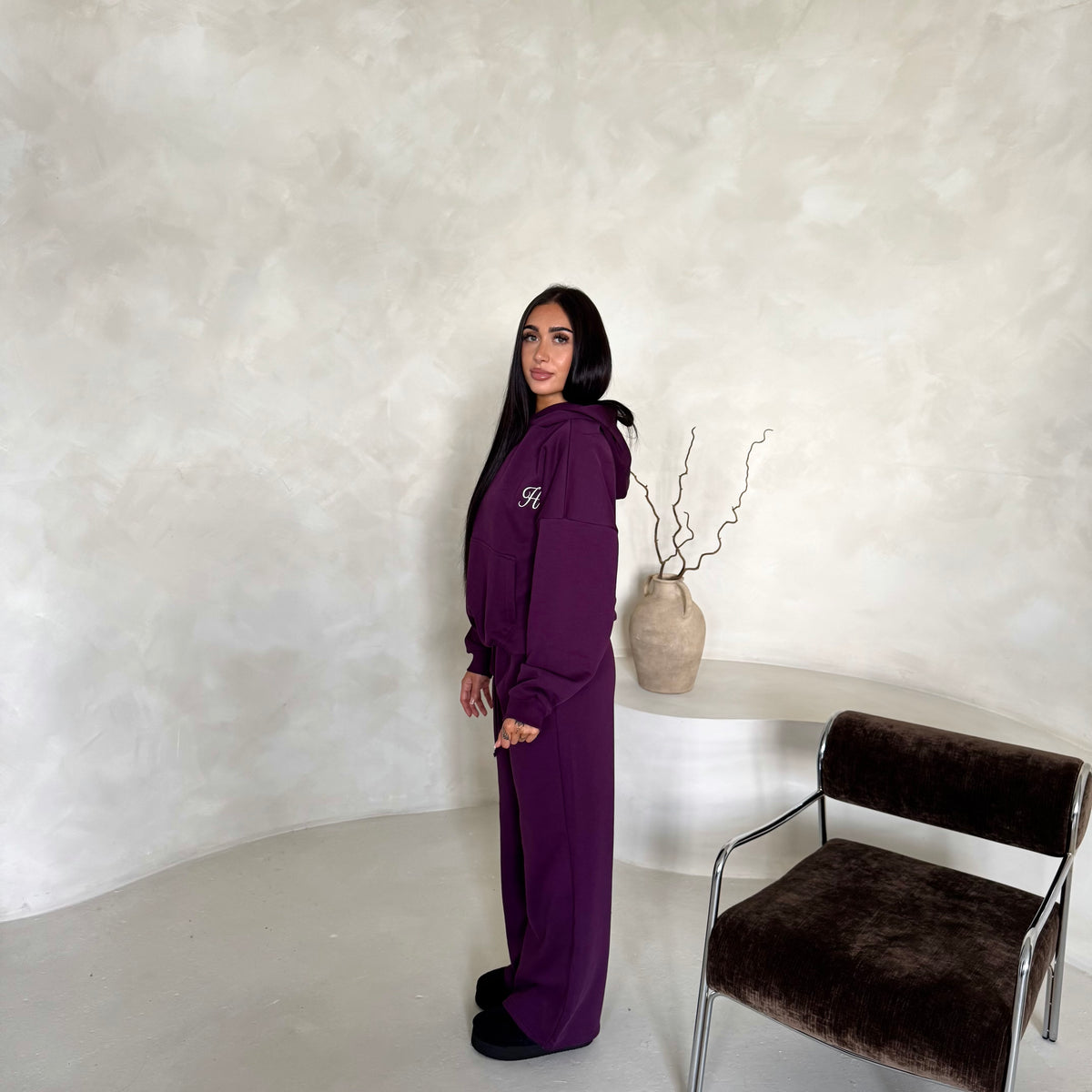 Somaya Plum H Embroidered Logo Wide Leg Jogger