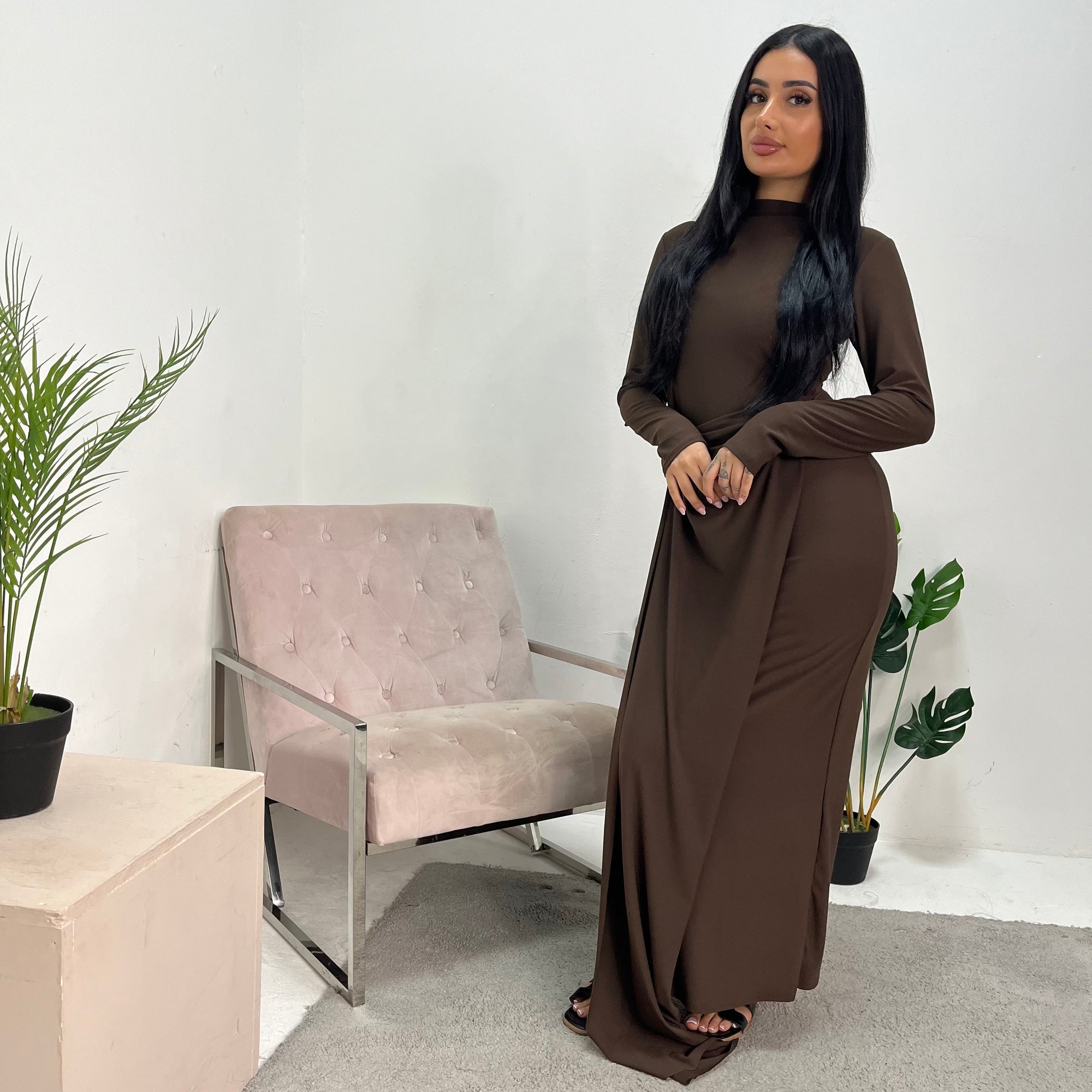 Neya Chocolate Soft Wrap Detail Modest Dress