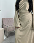 Lara Beige Satin Waist Detail Modest Dress