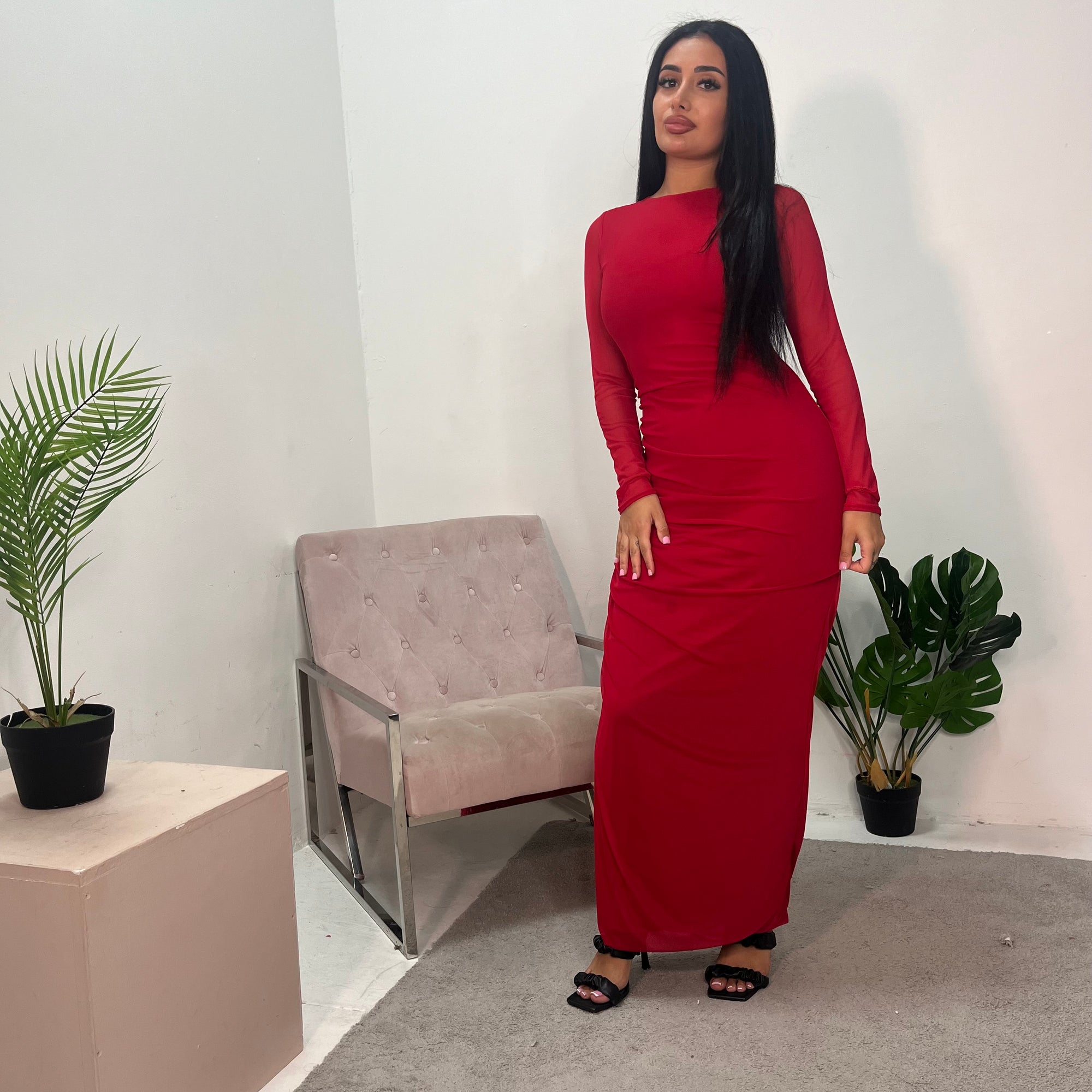red ruched mesh dress Red Ruched Mesh One Shoulder Long Sleeve Maxi Dress