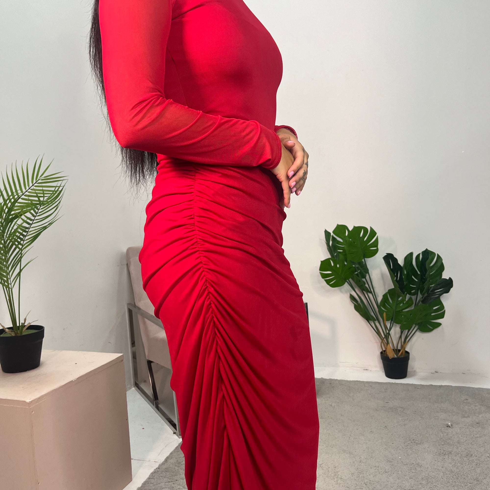 red ruched mesh dress Women's Red Mesh Bardot Ruched Detail Maxi Dress