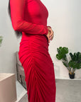 Vana Red Plain Side Ruched Mesh Dress