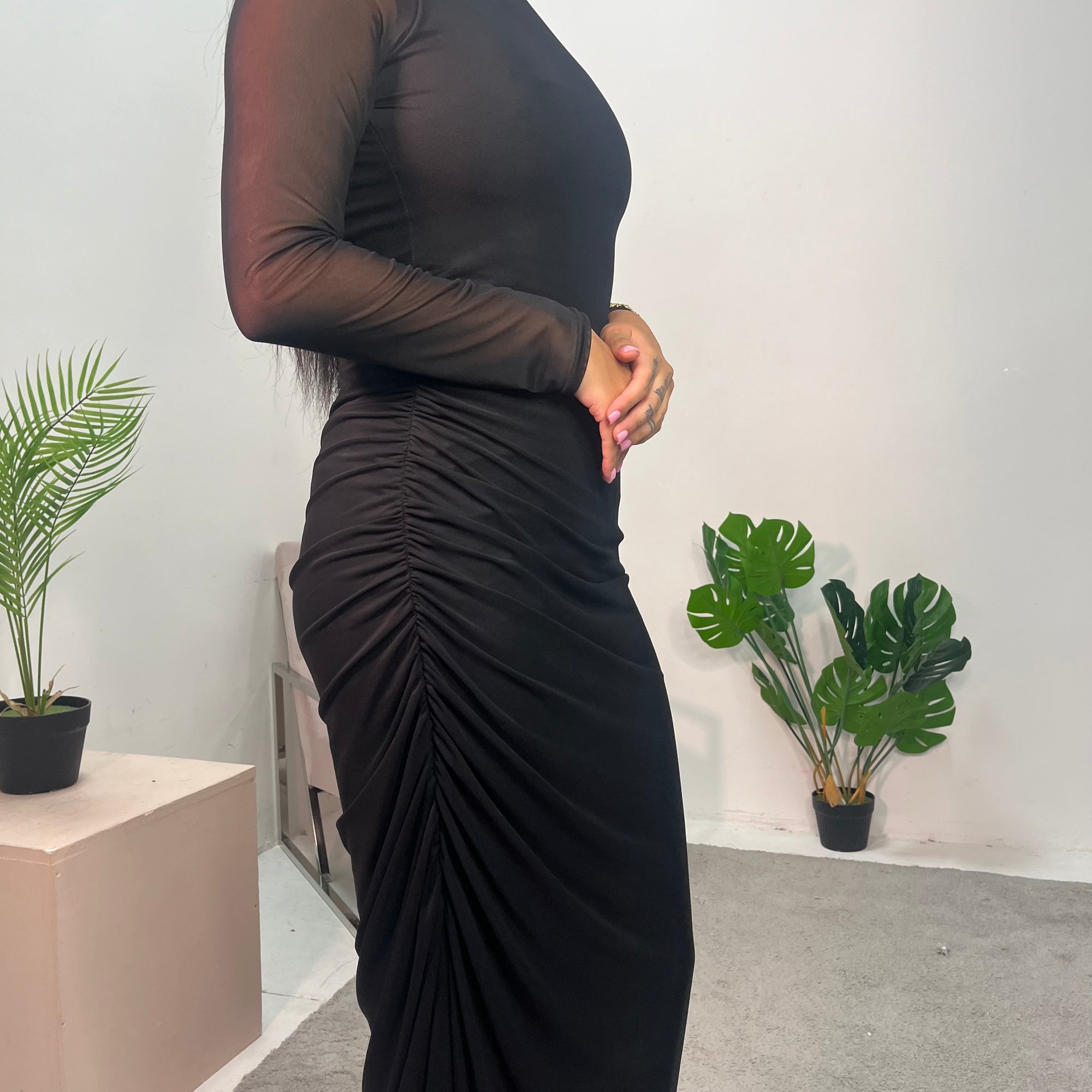 Vana Black Plain Side Ruched Mesh Dress House Of Haniya Vana Black Plain Side Ruched Mesh Dress House Of Haniya