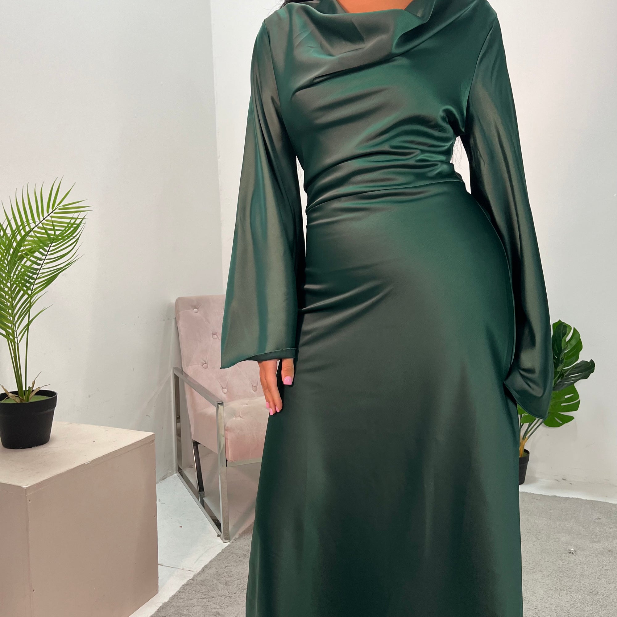 Aurora Emerald Green Cowl Neck Satin Tie Back Dress House Of Haniya Aurora Emerald Green Cowl Neck Satin Tie Back Dress House Of Haniya