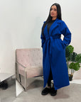 Amya Royal Blue Belted Collar Long Tie Cuff Coat