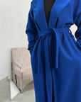 Amya Royal Blue Belted Collar Long Tie Cuff Coat