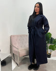 Amya Navy Belted Collar Long Tie Cuff Coat