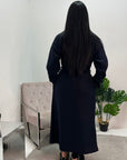 Amya Navy Belted Collar Long Tie Cuff Coat