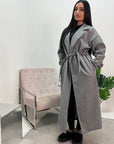 Amya Grey Belted Collar Long Tie Cuff Coat