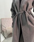 Amya Grey Belted Collar Long Tie Cuff Coat