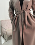 Amya Mocha Belted Collar Long Tie Cuff Coat