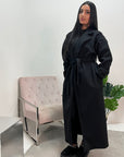 Amya Black Belted Collar Long Tie Cuff Coat