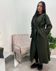 Amya Khaki Belted Collar Long Tie Cuff Coat