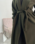 Amya Khaki Belted Collar Long Tie Cuff Coat