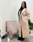 Amya Beige Belted Collar Long Tie Cuff Coat