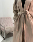 Amya Beige Belted Collar Long Tie Cuff Coat