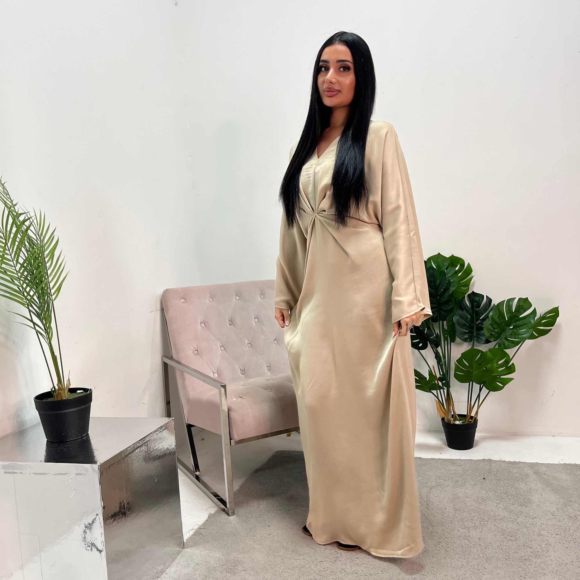 Aleah Beige Plain Front Knot Modest Dress – House Of Haniya