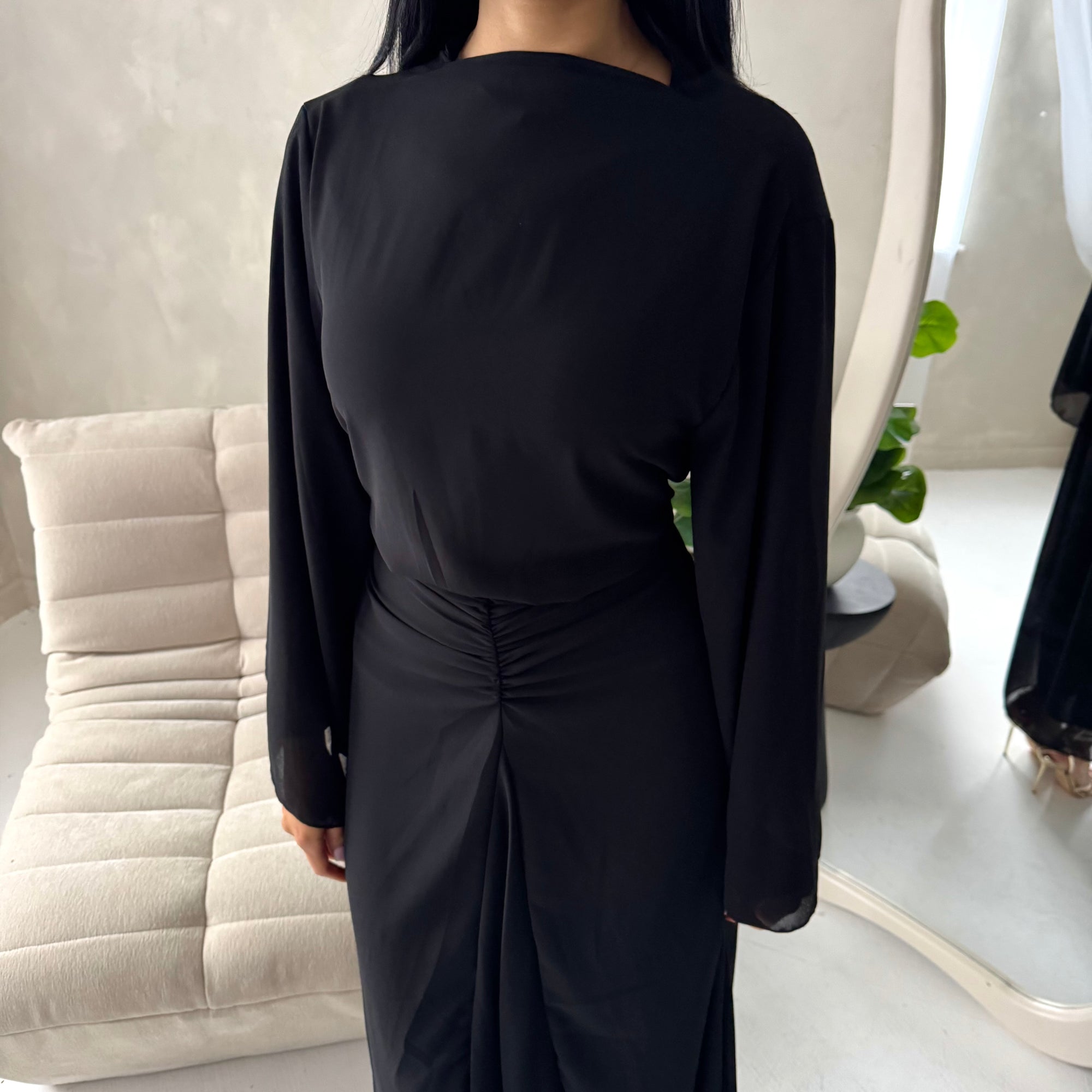Ines Black Soft Waist Ruched Lined Modest Dress