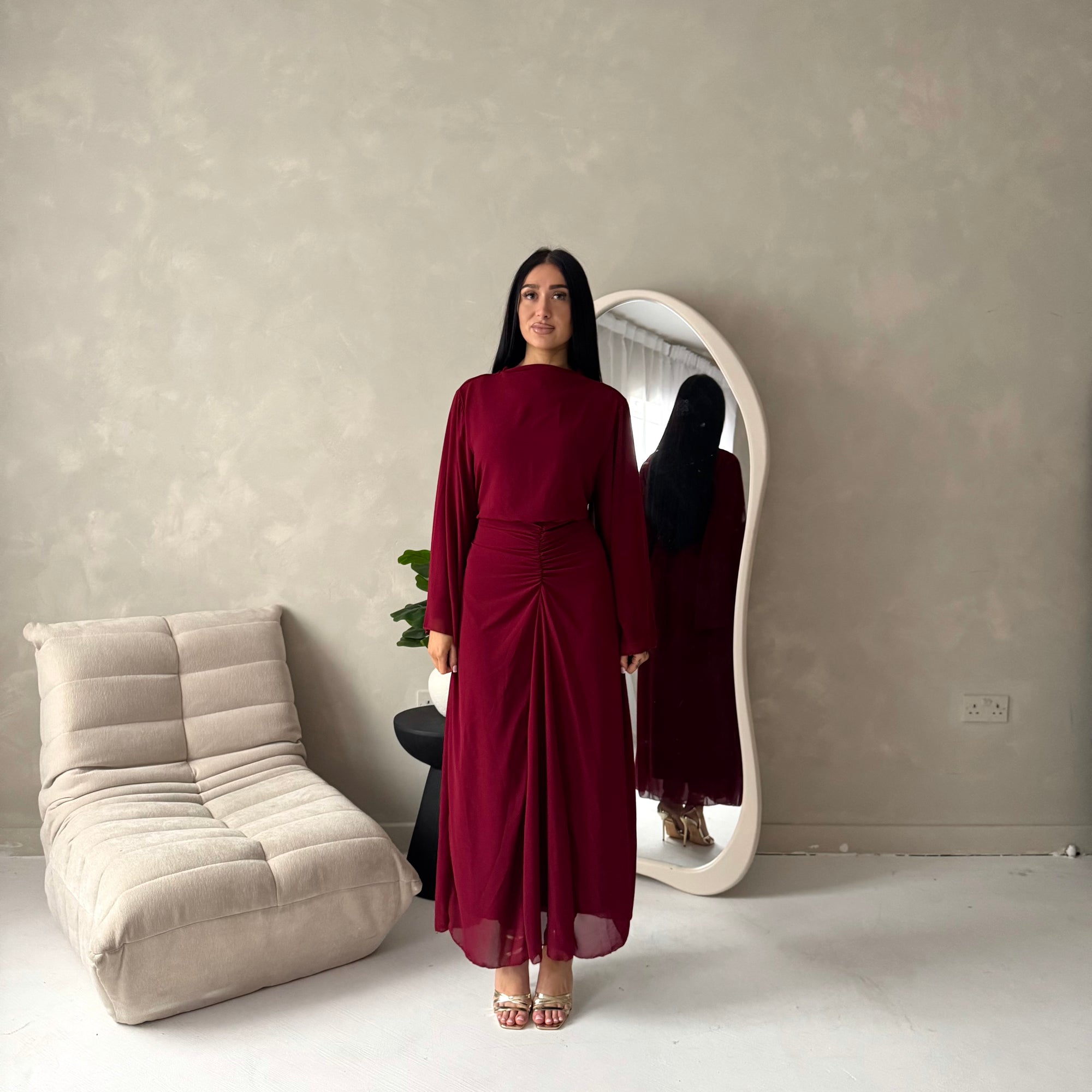 Ines Wine Soft Waist Ruched Lined Modest Dress