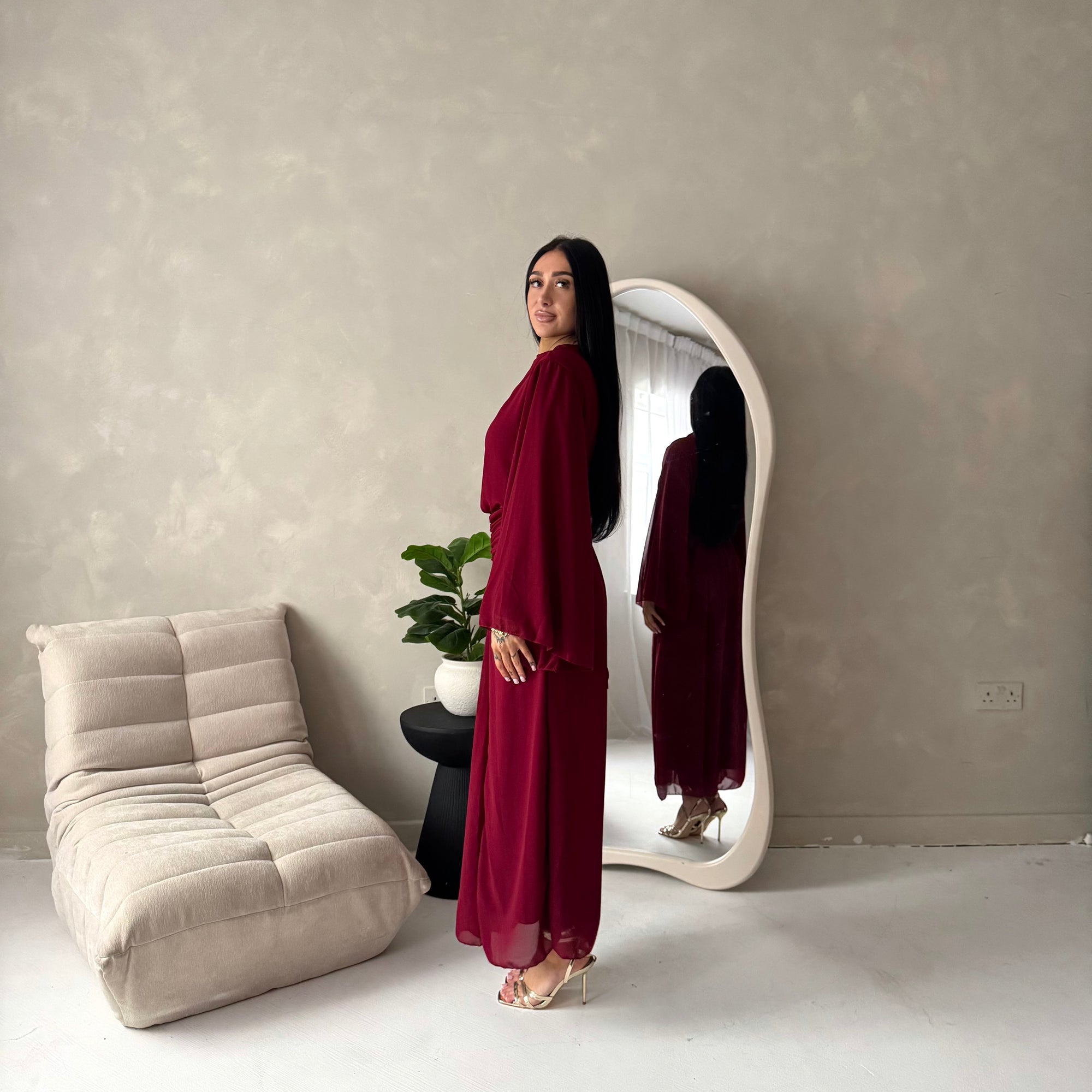 Ines Wine Soft Waist Ruched Lined Modest Dress