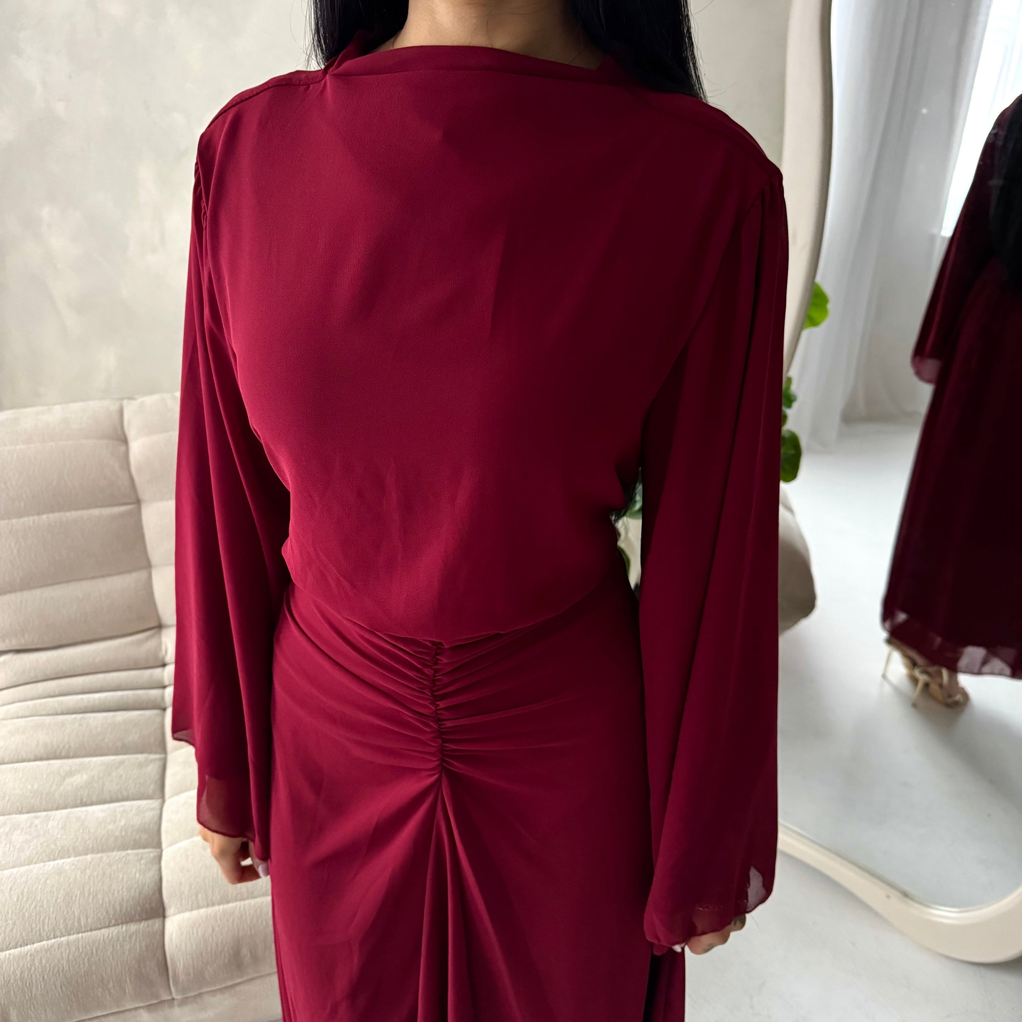 Ines Wine Soft Waist Ruched Lined Modest Dress