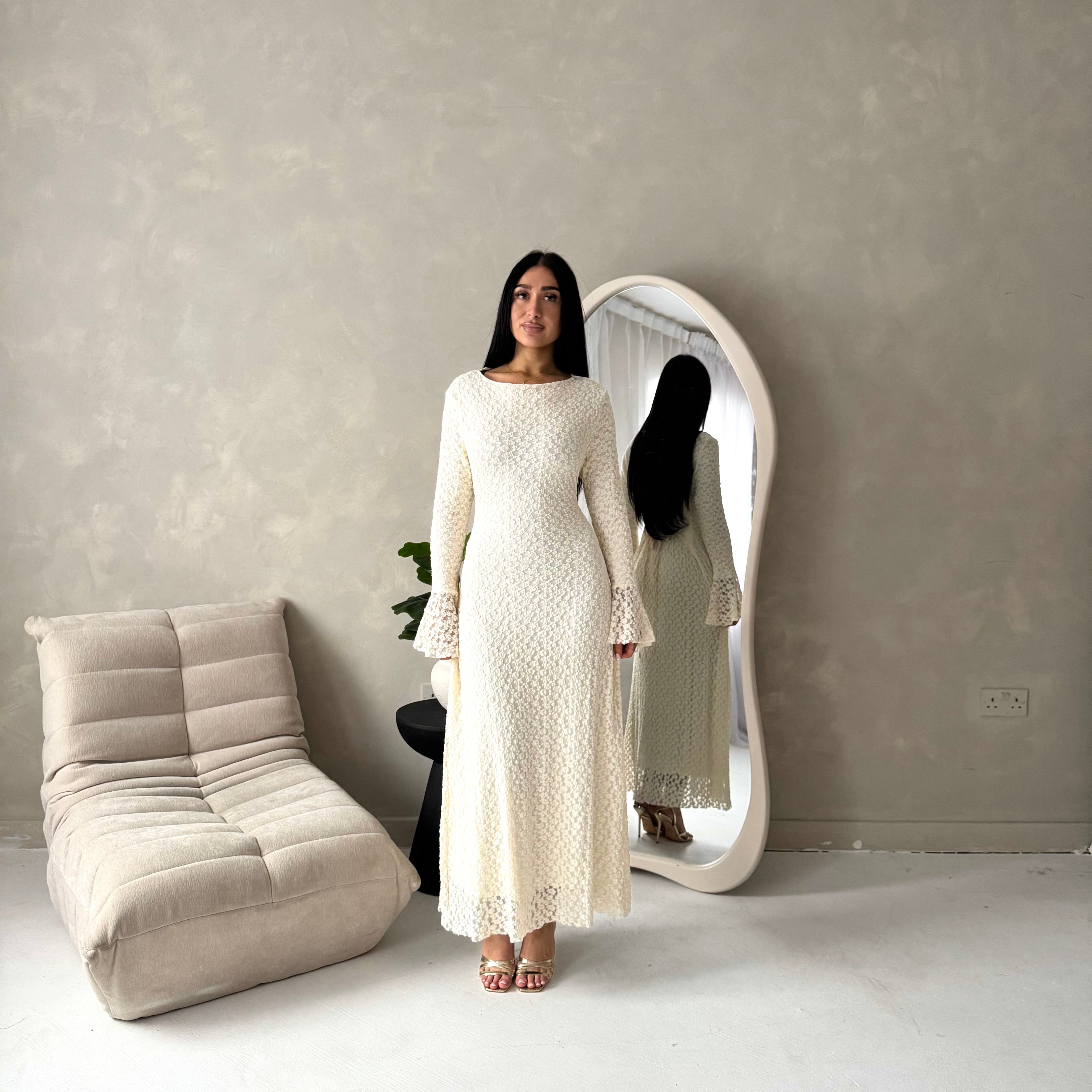 Hana Cream Floral Lace Detail Modest Dress – House Of Haniya