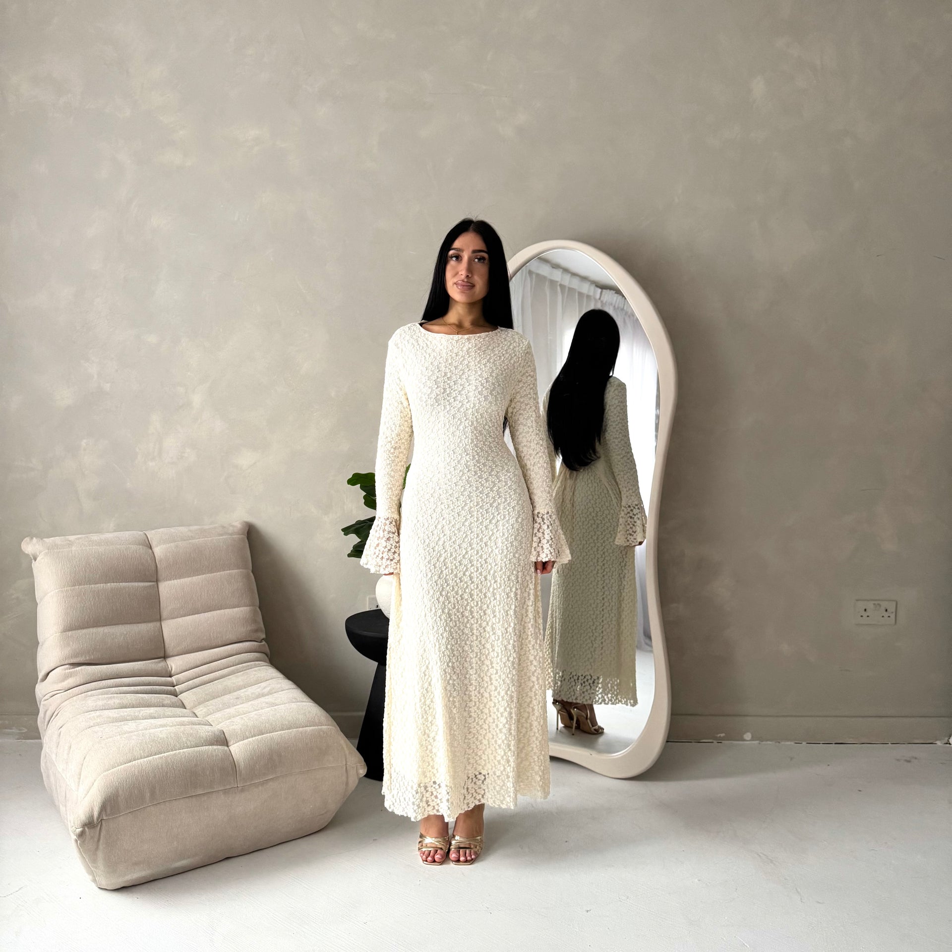 Hana Cream Floral Lace Detail Modest Dress  House Of Haniya
