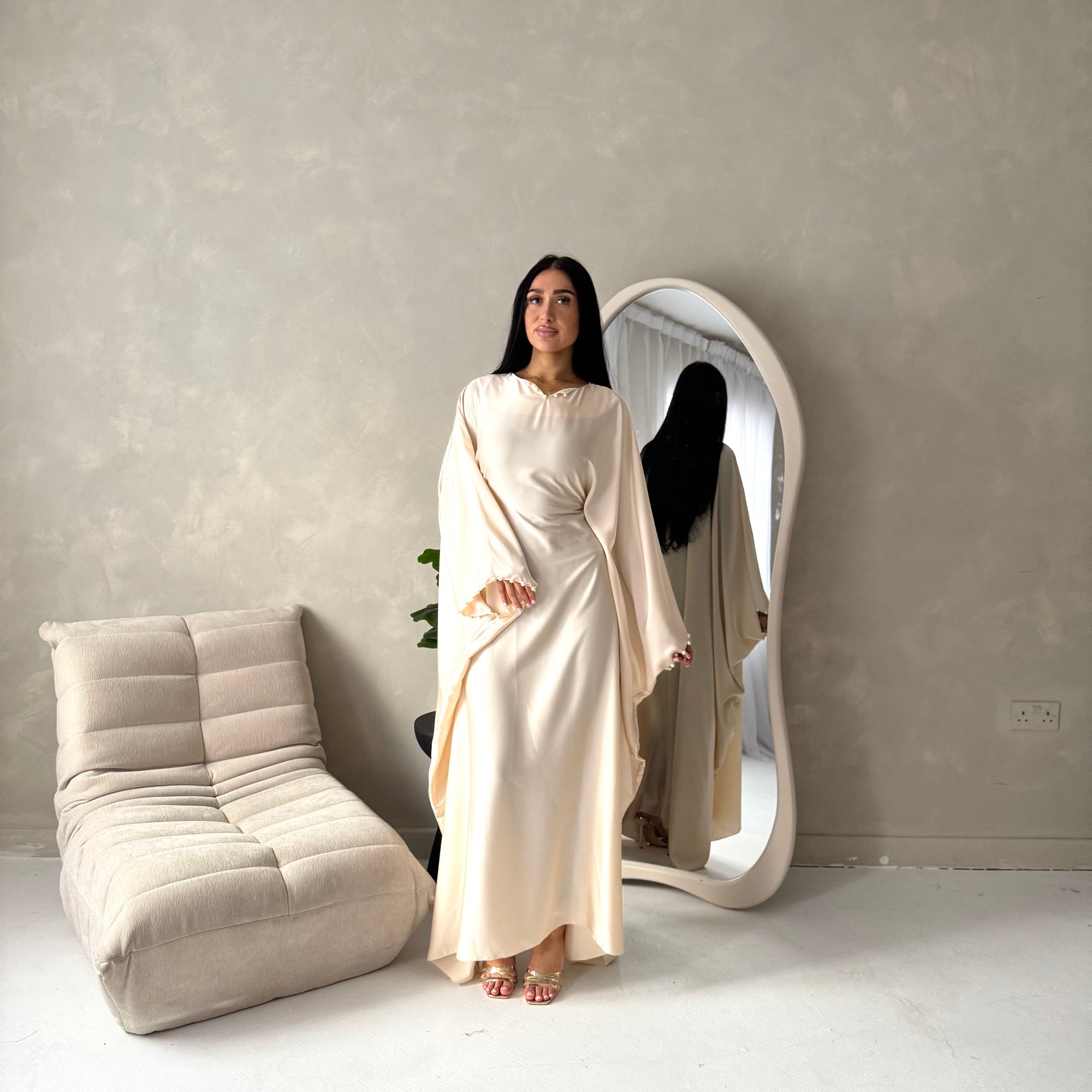 Nena Beige Pearl Detail Tie Back Kaftan Dress House Of Haniya Nena Beige Pearl Detail Tie Back Kaftan Dress House Of Haniya