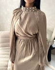 Leta Mocha Pearl Choker Neck Modest Cape Dress