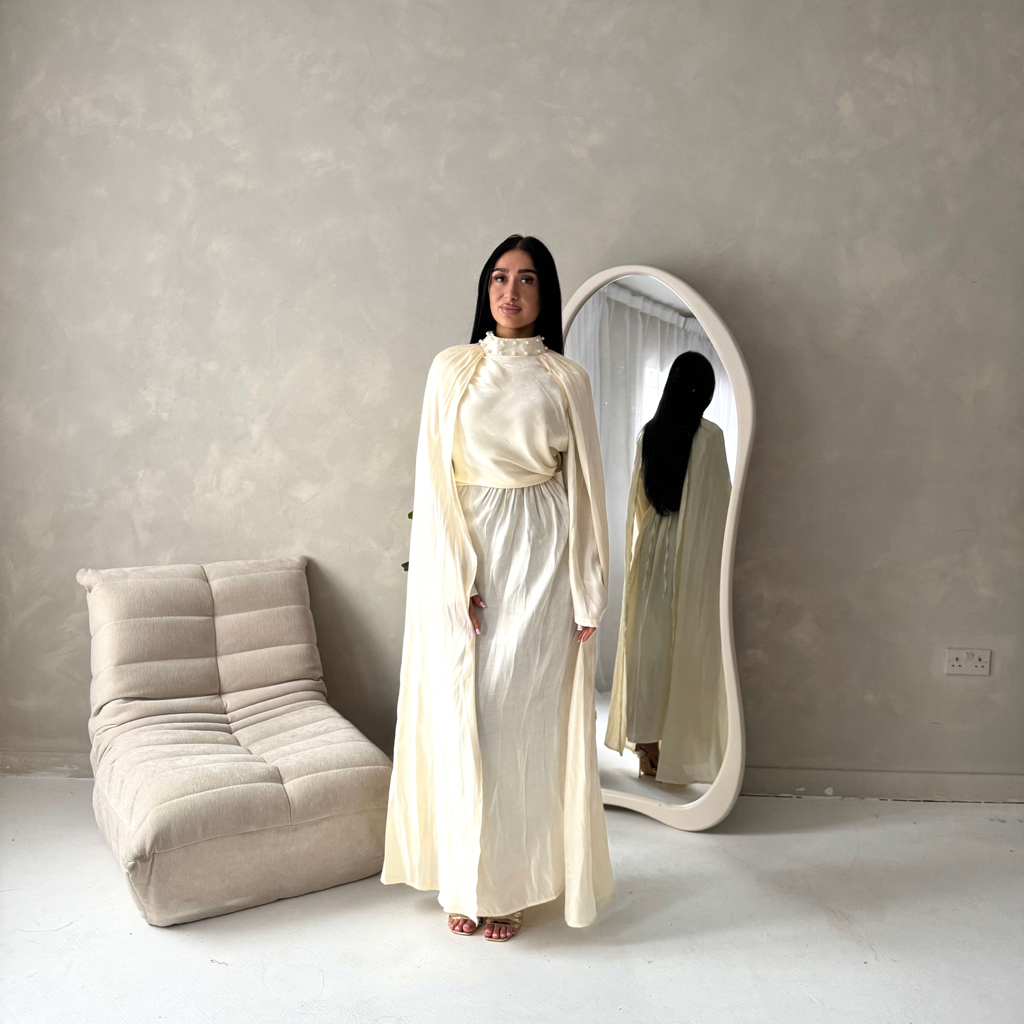 Leta Cream Pearl Choker Neck Modest Cape Dress House Of Haniya Leta Cream Pearl Choker Neck Modest Cape Dress House Of Haniya